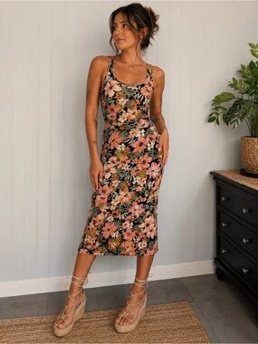 Billabong Tropical Floral Midi Dress Beachy Y2K Hawaiian M